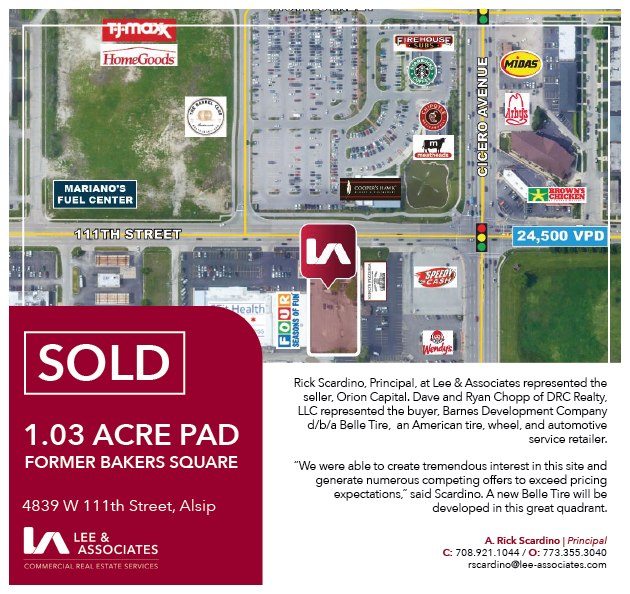 SOLD! 1.03 Acre Pad (Former Bakers Square) Alsip, IL