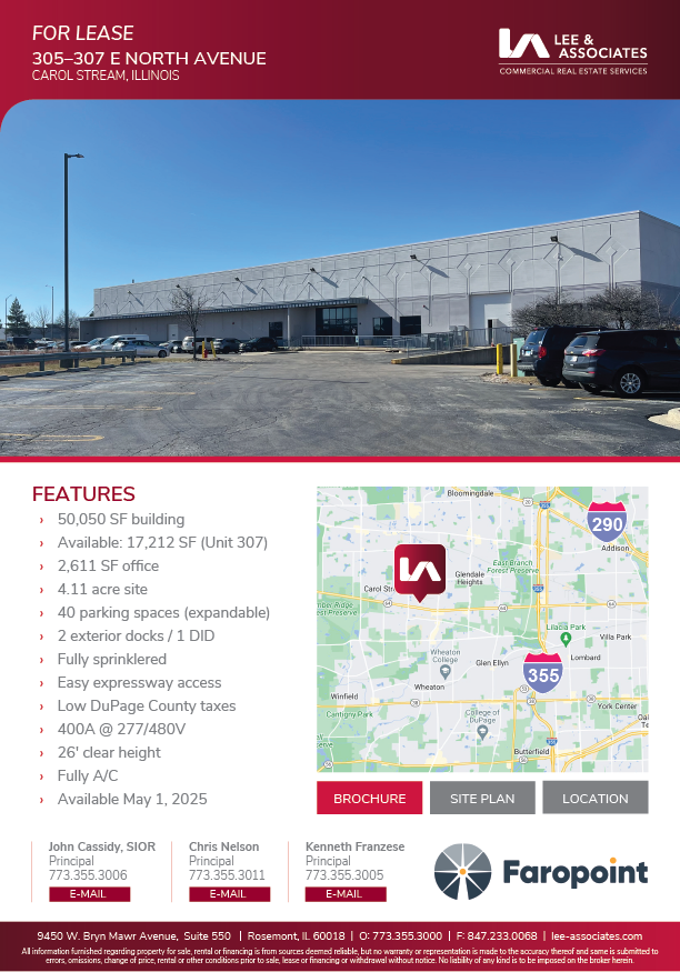 32,828 SF Low DuPage County Taxes Carol Stream