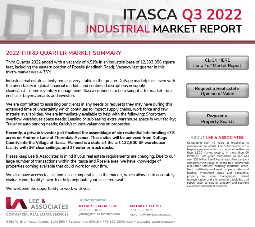 Q3 2022 Itasca Industrial Real Estate Market Report from Jeff Janda with Lee & Associates