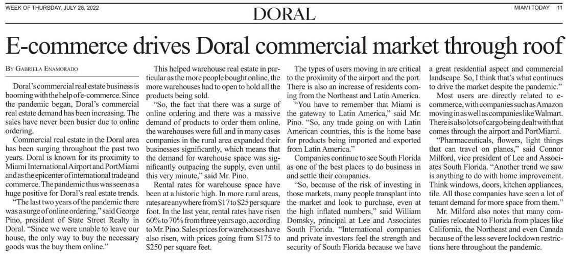 Miami Today features Conner Milford and William Domsky in article discussing E-Commerce impact on Industrial Real Estate in Doral Florida
