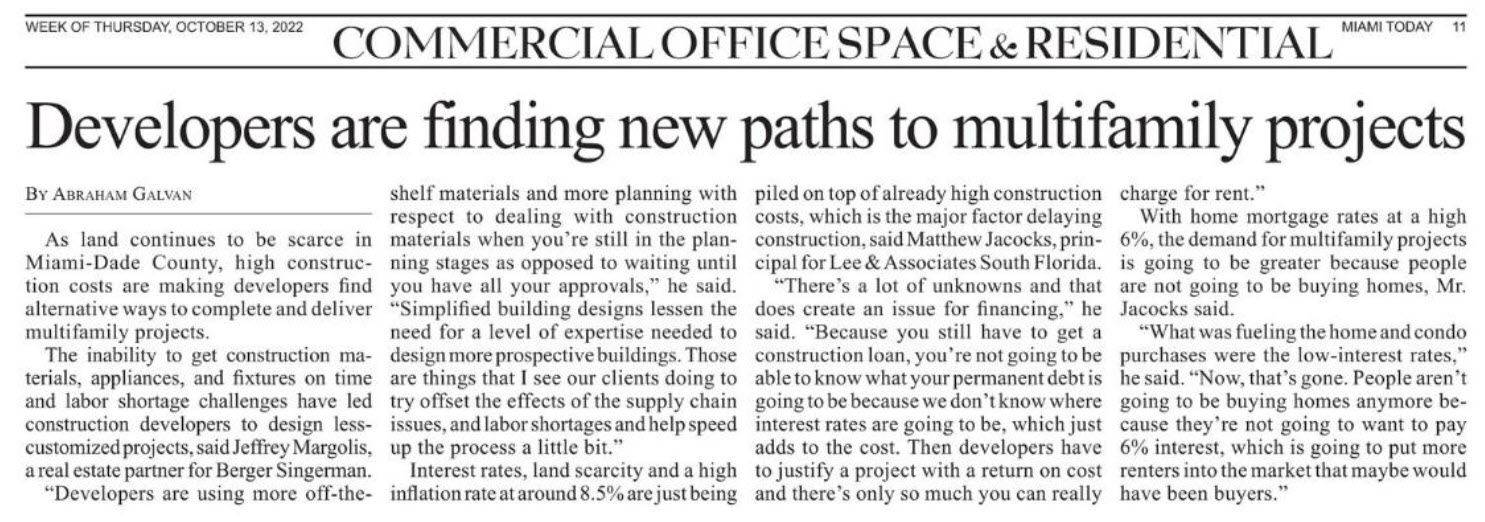 Miami Today features Matthew Jacocks in article discussing developers finding new paths to multifamily projects in South Florida