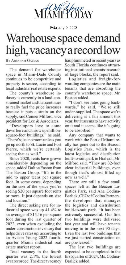 Conner Milford Featured in Miami Today Discusses Warehouse Demand and Vacancy