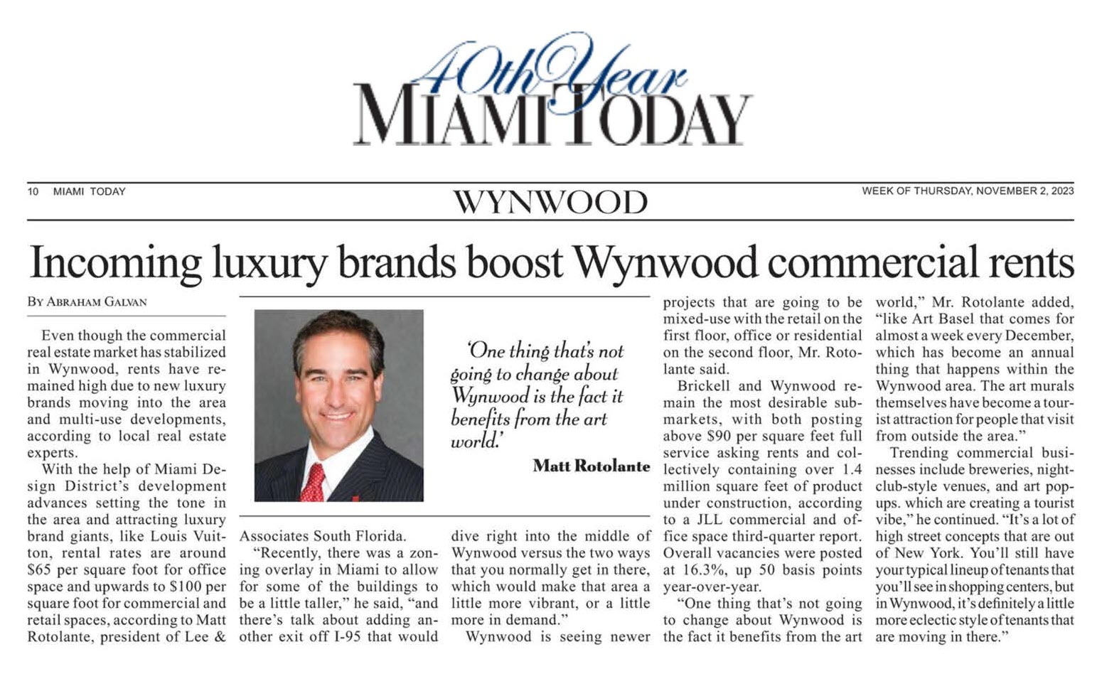 11-02-2023 Miami Today (MR) Miami Today Discusses Wynwood Commercial Rents with Lee & Associates South Florida President, Matthew Rotolante, SIOR, CCIM
